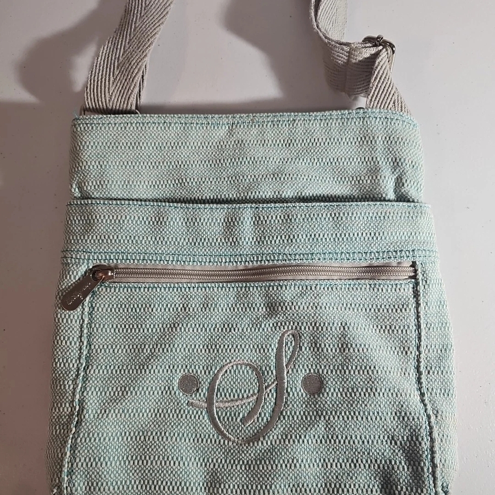 Thirty-One Crossbody Bag Medium Mint Green & Gray Monogram S VGUC 54" Strap - Picture 12 of 16